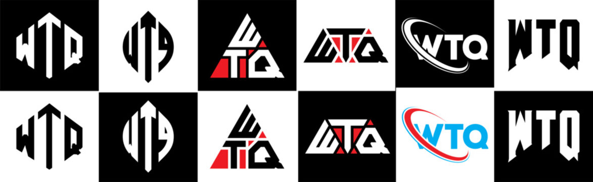 WTQ letter logo design in six style. WTQ polygon, circle, triangle, hexagon, flat and simple style with black and white color variation letter logo set in one artboard. WTQ minimalist and classic logo