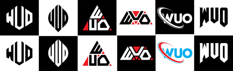 WUO letter logo design in six style. WUO polygon, circle, triangle, hexagon, flat and simple style with black and white color variation letter logo set in one artboard. WUO minimalist and classic logo