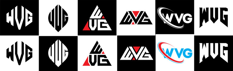 WVG letter logo design in six style. WVG polygon, circle, triangle, hexagon, flat and simple style with black and white color variation letter logo set in one artboard. WVG minimalist and classic logo