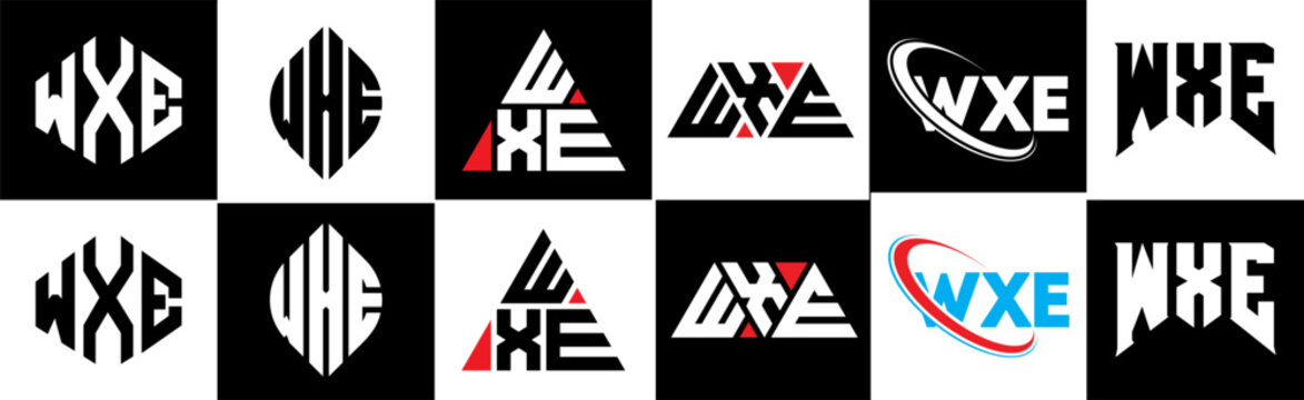 WXE letter logo design in six style. WXE polygon, circle, triangle, hexagon, flat and simple style with black and white color variation letter logo set in one artboard. WXE minimalist and classic logo