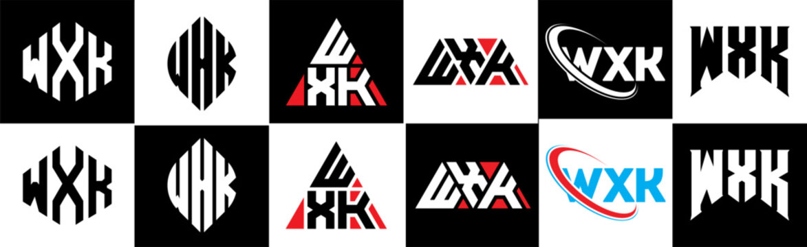WXK letter logo design in six style. WXK polygon, circle, triangle, hexagon, flat and simple style with black and white color variation letter logo set in one artboard. WXK minimalist and classic logo