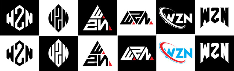 WZN letter logo design in six style. WZN polygon, circle, triangle, hexagon, flat and simple style with black and white color variation letter logo set in one artboard. WZN minimalist and classic logo