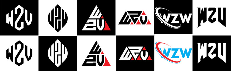 WZV letter logo design in six style. WZV polygon, circle, triangle, hexagon, flat and simple style with black and white color variation letter logo set in one artboard. WZV minimalist and classic logo