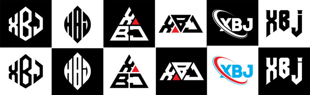 XBJ letter logo design in six style. XBJ polygon, circle, triangle, hexagon, flat and simple style with black and white color variation letter logo set in one artboard. XBJ minimalist and classic logo