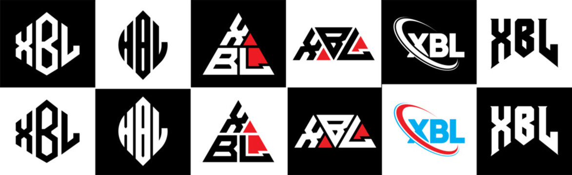 XBL letter logo design in six style. XBL polygon, circle, triangle, hexagon, flat and simple style with black and white color variation letter logo set in one artboard. XBL minimalist and classic logo