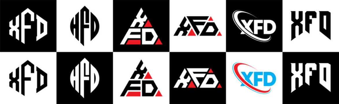 XFD letter logo design in six style. XFD polygon, circle, triangle, hexagon, flat and simple style with black and white color variation letter logo set in one artboard. XFD minimalist and classic logo