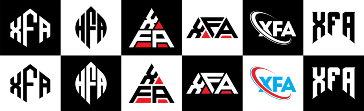 XFA letter logo design in six style. XFA polygon, circle, triangle, hexagon, flat and simple style with black and white color variation letter logo set in one artboard. XFA minimalist and classic logo