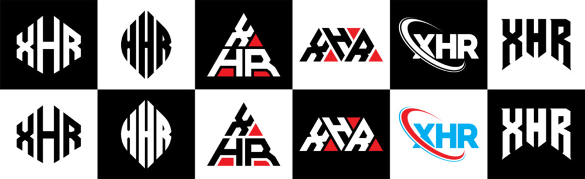 XHR letter logo design in six style. XHR polygon, circle, triangle, hexagon, flat and simple style with black and white color variation letter logo set in one artboard. XHR minimalist and classic logo