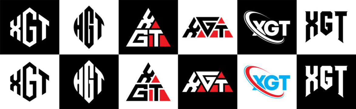 XHT letter logo design in six style. XHT polygon, circle, triangle, hexagon, flat and simple style with black and white color variation letter logo set in one artboard. XHT minimalist and classic logo