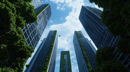 Urban Skyscrapers Surrounded by Greenery and Bright Blue Sky