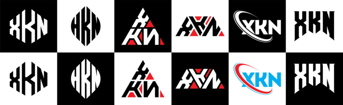XKN letter logo design in six style. XKN polygon, circle, triangle, hexagon, flat and simple style with black and white color variation letter logo set in one artboard. XKN minimalist and classic logo
