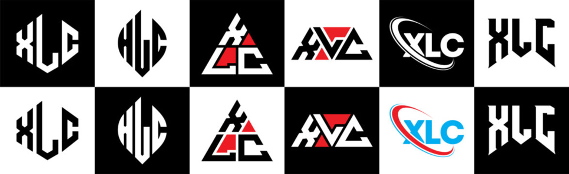 XLC letter logo design in six style. XLC polygon, circle, triangle, hexagon, flat and simple style with black and white color variation letter logo set in one artboard. XLC minimalist and classic logo