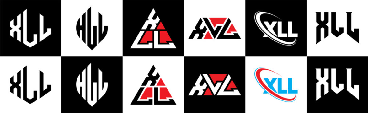 XLL letter logo design in six style. XLL polygon, circle, triangle, hexagon, flat and simple style with black and white color variation letter logo set in one artboard. XLL minimalist and classic logo