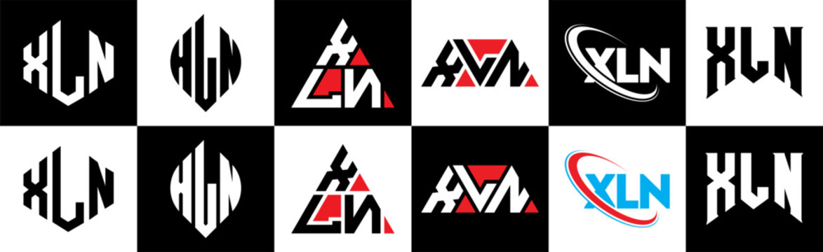 XLN letter logo design in six style. XLN polygon, circle, triangle, hexagon, flat and simple style with black and white color variation letter logo set in one artboard. XLN minimalist and classic logo