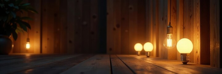 Softly glowing white bulbs illuminate dark wooden accents, ambient, modern, illumination