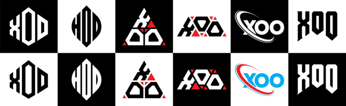 XOO letter logo design in six style. XOO polygon, circle, triangle, hexagon, flat and simple style with black and white color variation letter logo set in one artboard. XOO minimalist and classic logo