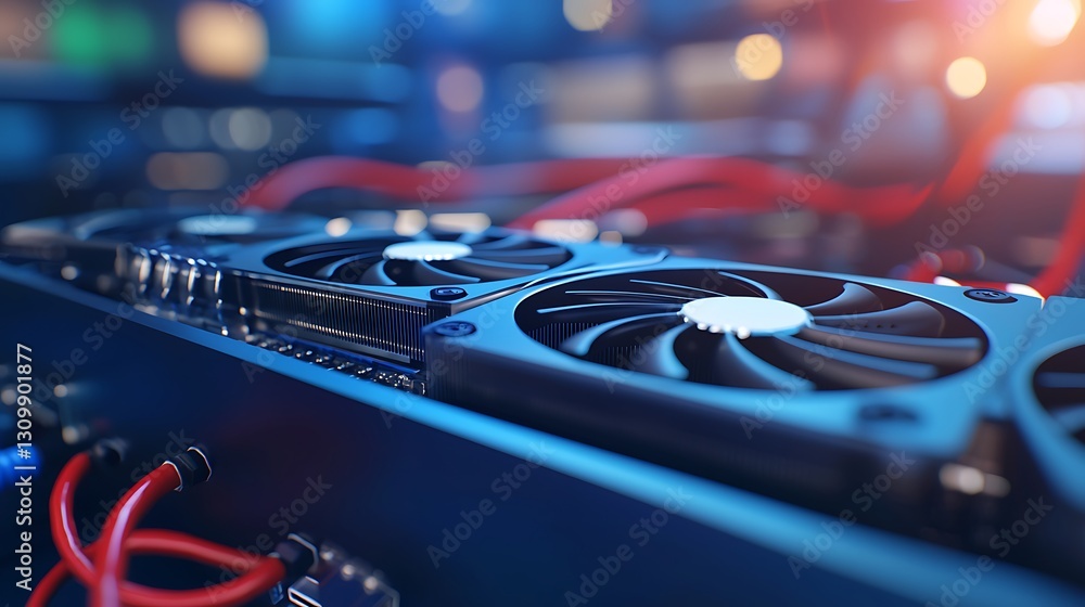 Poster close-up view of high-performance computer graphics cards with cooling fans and cables