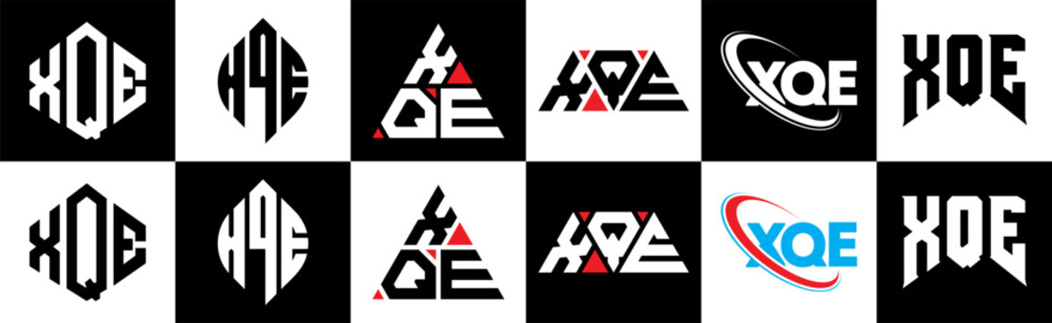 XQE letter logo design in six style. XQE polygon, circle, triangle, hexagon, flat and simple style with black and white color variation letter logo set in one artboard. XQE minimalist and classic logo