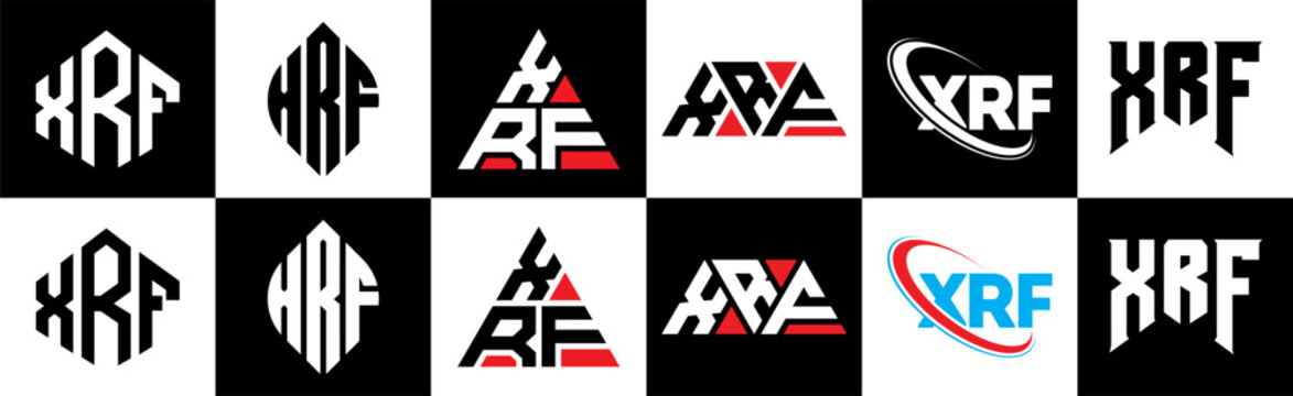 XRF letter logo design in six style. XRF polygon, circle, triangle, hexagon, flat and simple style with black and white color variation letter logo set in one artboard. XRF minimalist and classic logo