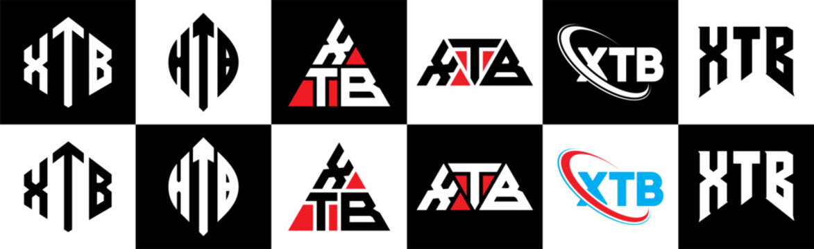 XTB letter logo design in six style. XTB polygon, circle, triangle, hexagon, flat and simple style with black and white color variation letter logo set in one artboard. XTB minimalist and classic logo