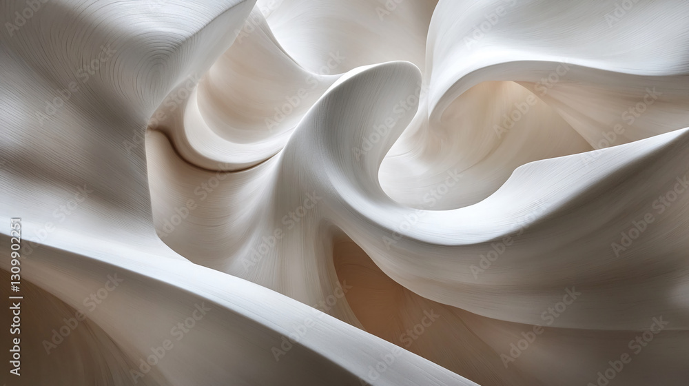 Poster abstract image of swirling, off-white forms creating a dynamic, three-dimensional texture, showcasin