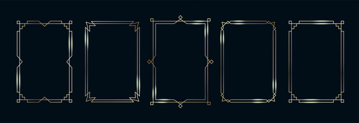 Golden Frames Set. Thin Line Gold Borders Luxury Minimalist Collection. Premium Vector Brass Outline Geometric Rectangles. Linear Decorative Banners with Black Background Isolated