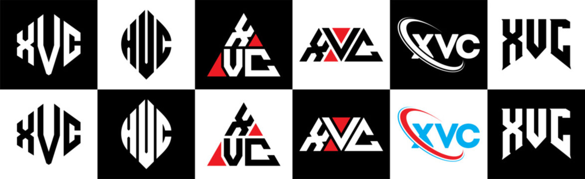 XVC letter logo design in six style. XVC polygon, circle, triangle, hexagon, flat and simple style with black and white color variation letter logo set in one artboard. XVC minimalist and classic logo