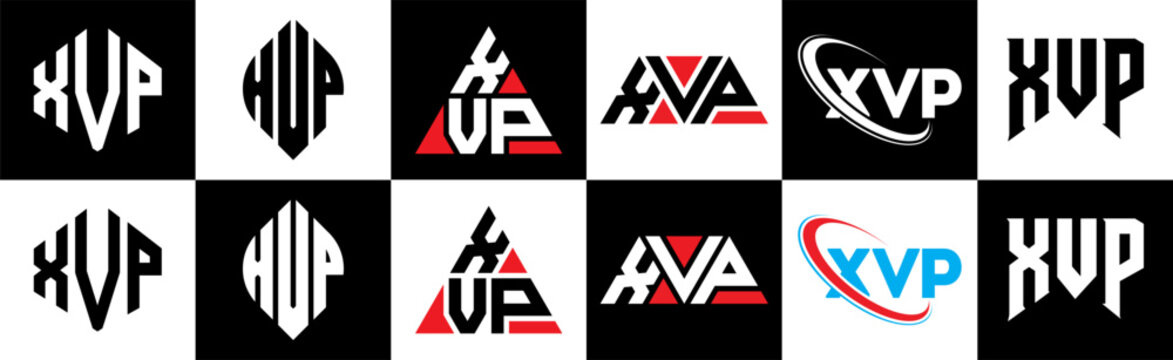 XVP letter logo design in six style. XVP polygon, circle, triangle, hexagon, flat and simple style with black and white color variation letter logo set in one artboard. XVP minimalist and classic logo