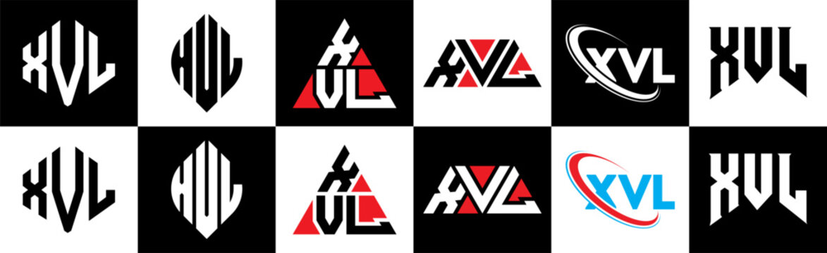 XVL letter logo design in six style. XVL polygon, circle, triangle, hexagon, flat and simple style with black and white color variation letter logo set in one artboard. XVL minimalist and classic logo