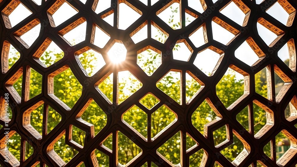 Poster intricate lattice pattern framing sunlight with lush greenery, creating a beautiful and serene outdo