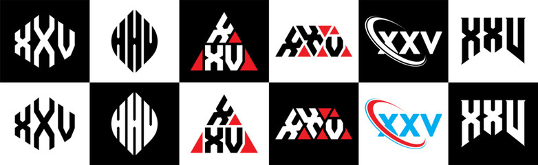 XXV letter logo design in six style. XXV polygon, circle, triangle, hexagon, flat and simple style with black and white color variation letter logo set in one artboard. XXV minimalist and classic logo