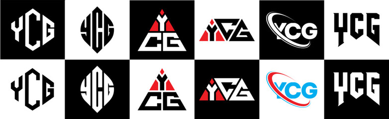 YCG letter logo design in six style. YCG polygon, circle, triangle, hexagon, flat and simple style with black and white color variation letter logo set in one artboard. YCG minimalist and classic logo