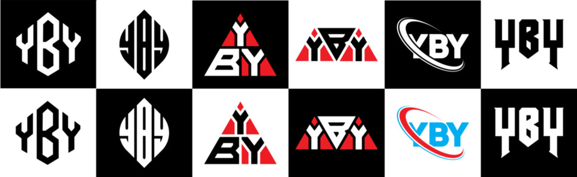 YBY letter logo design in six style. YBY polygon, circle, triangle, hexagon, flat and simple style with black and white color variation letter logo set in one artboard. YBY minimalist and classic logo