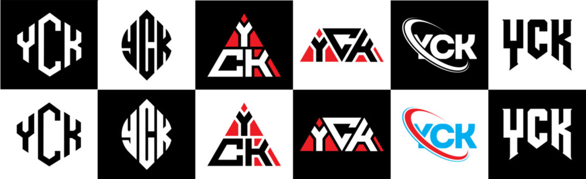 YCK letter logo design in six style. YCK polygon, circle, triangle, hexagon, flat and simple style with black and white color variation letter logo set in one artboard. YCK minimalist and classic logo