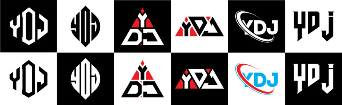 YDJ letter logo design in six style. YDJ polygon, circle, triangle, hexagon, flat and simple style with black and white color variation letter logo set in one artboard. YDJ minimalist and classic logo