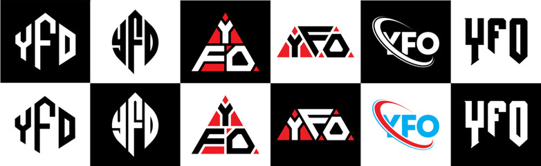 YFO letter logo design in six style. YFO polygon, circle, triangle, hexagon, flat and simple style with black and white color variation letter logo set in one artboard. YFO minimalist and classic logo