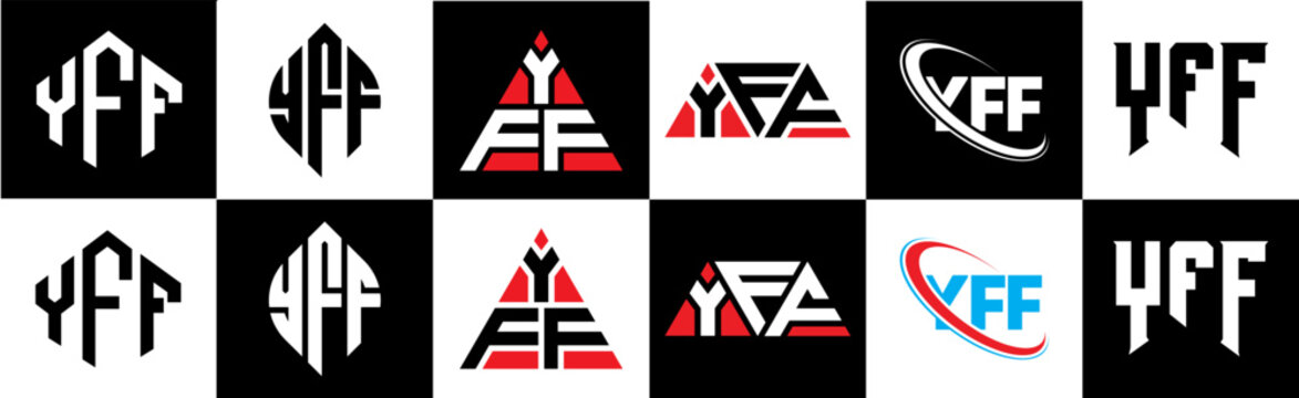YFF letter logo design in six style. YFF polygon, circle, triangle, hexagon, flat and simple style with black and white color variation letter logo set in one artboard. YFF minimalist and classic logo