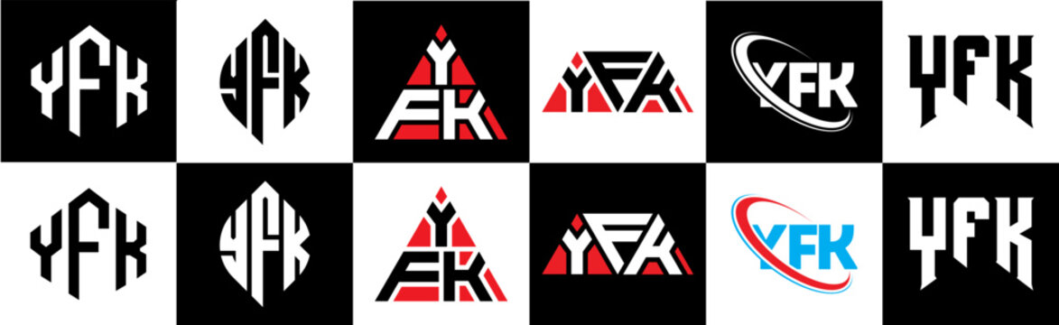 YFK letter logo design in six style. YFK polygon, circle, triangle, hexagon, flat and simple style with black and white color variation letter logo set in one artboard. YFK minimalist and classic logo