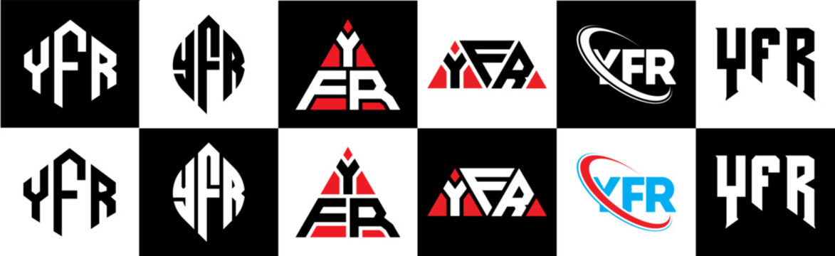 YFR letter logo design in six style. YFR polygon, circle, triangle, hexagon, flat and simple style with black and white color variation letter logo set in one artboard. YFR minimalist and classic logo