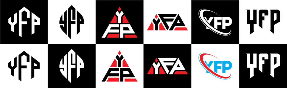 YFP letter logo design in six style. YFP polygon, circle, triangle, hexagon, flat and simple style with black and white color variation letter logo set in one artboard. YFP minimalist and classic logo