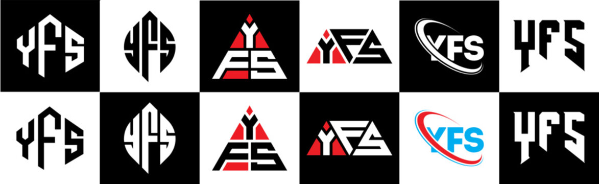 YFS letter logo design in six style. YFS polygon, circle, triangle, hexagon, flat and simple style with black and white color variation letter logo set in one artboard. YFS minimalist and classic logo
