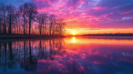Vibrant sunset reflects on tranquil lake water