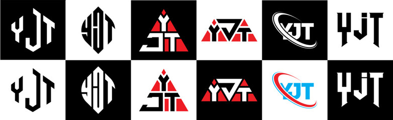 YJT letter logo design in six style. YJT polygon, circle, triangle, hexagon, flat and simple style with black and white color variation letter logo set in one artboard. YJT minimalist and classic logo