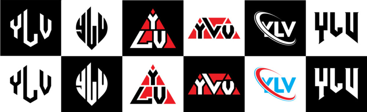 YLV letter logo design in six style. YLV polygon, circle, triangle, hexagon, flat and simple style with black and white color variation letter logo set in one artboard. YLV minimalist and classic logo