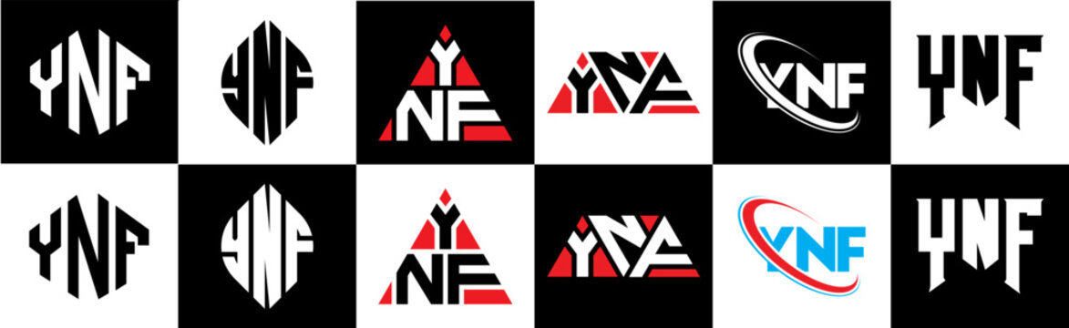 YNF letter logo design in six style. YNF polygon, circle, triangle, hexagon, flat and simple style with black and white color variation letter logo set in one artboard. YNF minimalist and classic logo