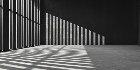 Stark industrial warehouse in monochrome, bold lines and shadows crafting a striking contrast of light and structure.
