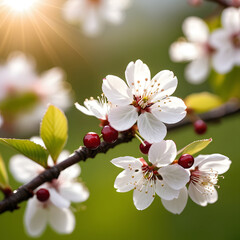 White spring bird cherry blossoms in the glow of sunlight