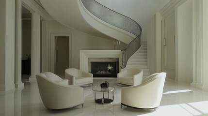 Elegant home interior, grand staircase, fireplace, waiting area