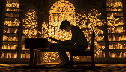 Man reading in a library at night