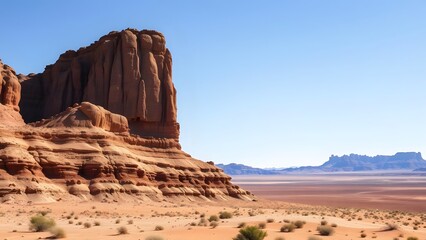Vast desert landscape featuring striking rock formations under a clear blue sky.   